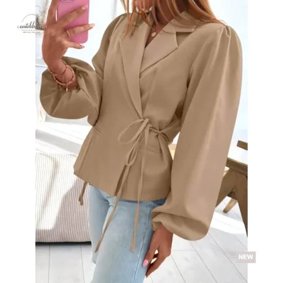 Puff Sleeve Cropped Blazer V Neck Wrap Trench Coat Office Casual - Picture 5 of 7